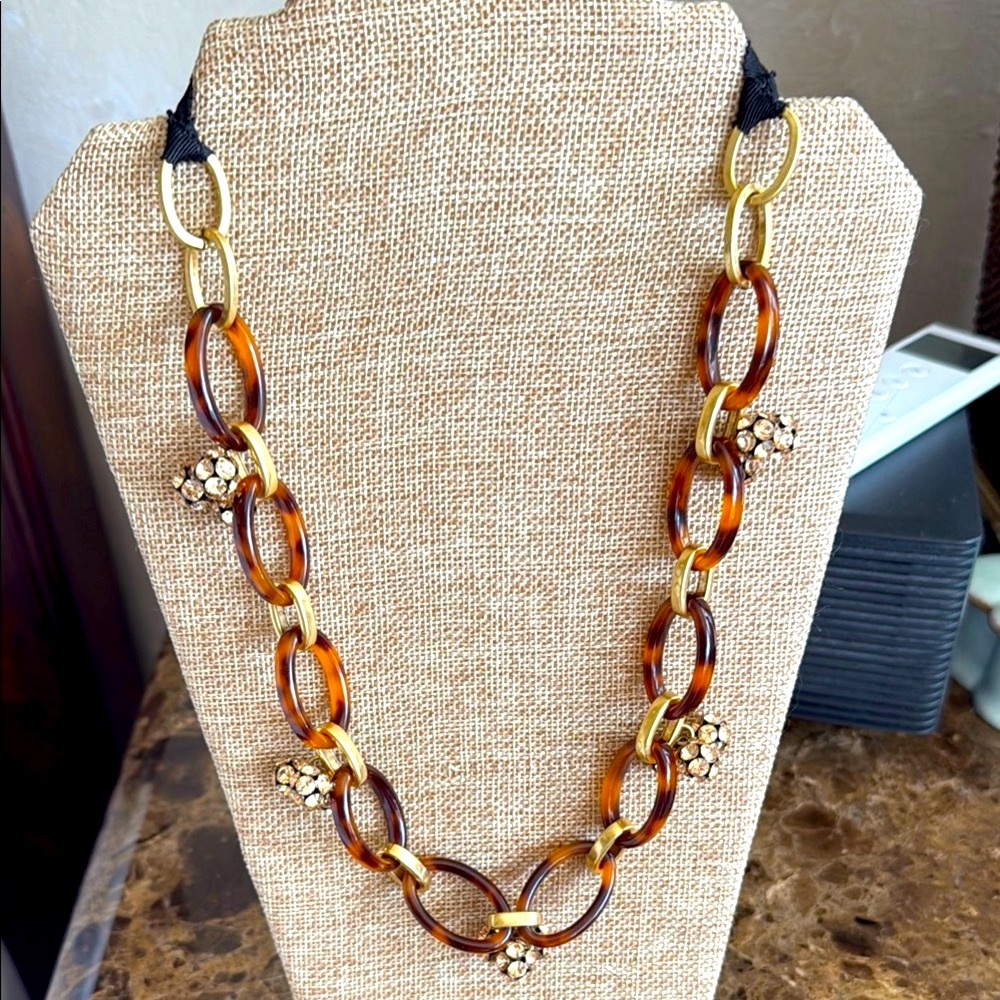Elegant Gold and Brown faux  tortoise link Necklace with topaz crystal balls
